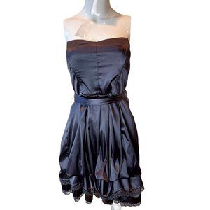 Studio Y Women Strapless Mini Dress Lace Hem Pleated Tie Waist Black Size 11/12